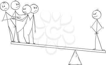 Cartoon stick man drawing conceptual illustration of businessman and team balancing on the seesaw. Business concept of teamwork and individuality.