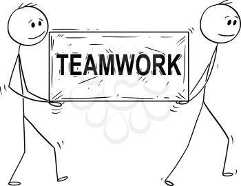 Cartoon stick man drawing conceptual illustration of two businessmen carrying big stone block with teamwork text or sign. Business concept of cooperation.