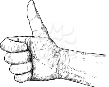 Vector artistic pen and ink drawing illustration of thumb up hand gesture. Business concept of success and social network like symbol.