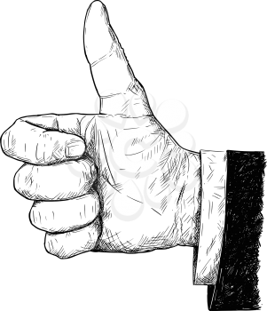 Vector artistic pen and ink drawing illustration of thumb up businessman hand in suit gesture. Business concept of success and social network like symbol.