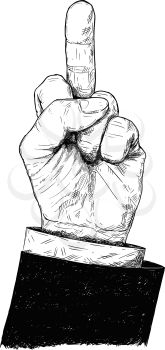 Vector artistic pen and ink drawing illustration of fuck you or fuck off middle finger up businessman hand in suit gesture. Business concept of aggression signal or symbol.