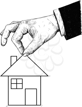 Vector artistic pen and ink drawing illustration of businessman offering house. Business concept of mortgage and property estate investment.
