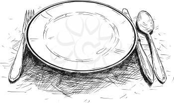 Vector artistic pen and ink drawing illustration of empty plate, knife and fork.