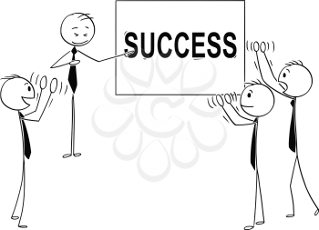 Cartoon stick man drawing conceptual illustration of group of business people applauding to speaker pointing at success sign. Business concept of individuality and teamwork.