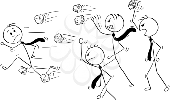Cartoon stick man drawing conceptual illustration of businessman running away from group of angry business people or coworkers throwing crumpled paper balls.