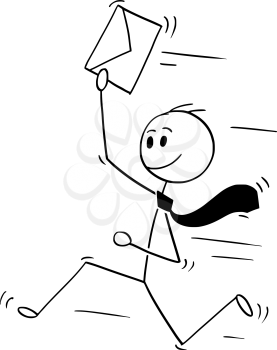 Cartoon stick man drawing conceptual illustration of happy businessman running with letter in envelope, bringing great news.