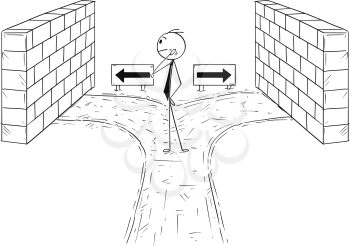 Cartoon stick man drawing conceptual illustration of businessman on dead end with no right option to choose from. Business concept of career and decision.