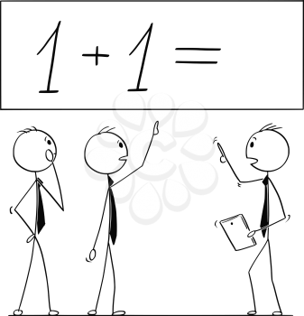 Cartoon stick man drawing conceptual illustration of business team or people working on one plus one 1 mathematical calculation. Business concept of teamwork, incompetence and incapacity.