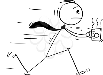 Cartoon stick man drawing conceptual illustration of businessman running with cup or mug of coffee or tea.