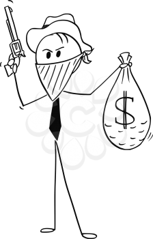 Cartoon stick man drawing conceptual illustration of masked businessman cowboy with stolen bag of dollar money and gun.