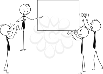 Cartoon stick man drawing conceptual illustration of group of business people applauding to speaker pointing at empty sign. Business concept of leading figure and leadership.