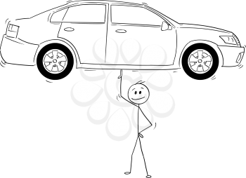 Cartoon stick man drawing conceptual illustration of businessman balancing car on one finger with easy or effortless. Business concept of car leasing or running costs.