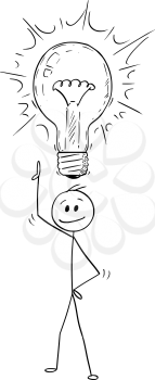 Cartoon stick man drawing conceptual illustration of businessman with idea and light bulb above his head. Business concept of creativity and problem solution.