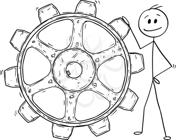 Cartoon stick man drawing conceptual illustration of businessman holding big cogwheel or gearwheel. Business concept of industry engineering or problem solution.