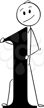 Cartoon stick man drawing conceptual illustration of businessman holding big number one or 1. Part of set.