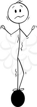 Cartoon stick man drawing conceptual illustration of businessman and big decimal separator or point or comma symbol or sign. Part of set.