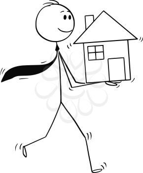 Cartoon stick man drawing conceptual illustration of businessman, investor or realtor holding small house in hands. Business concept of mortgage and real estate investment.