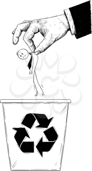 Cartoon stick man drawing conceptual illustration of businessman or office worker thrown into recycle trash bin by giant hand. Business concept of career end and failure.