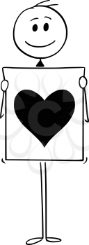 Cartoon stick man drawing conceptual illustration of man or businessman holding sign with big heart symbol. Concept of love declaration.