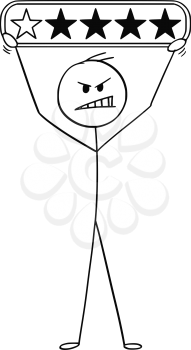 Cartoon stick man drawing conceptual illustration of angry businessman holding one star of five rating.