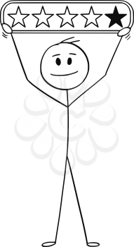 Cartoon stick man drawing conceptual illustration of smilimg businessman holding four stars of five rating.