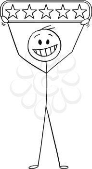 Cartoon stick man drawing conceptual illustration of smilimg businessman holding full five stars rating.