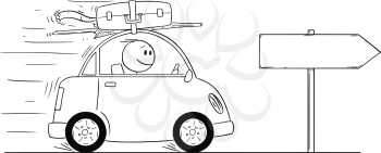 Cartoon stick man drawing conceptual illustration of smiling man in small car going on holiday or vacation. Empty sign for your text.