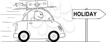 Cartoon stick man drawing conceptual illustration of smiling man in small car going on vacation. Arrow sign with holiday text.