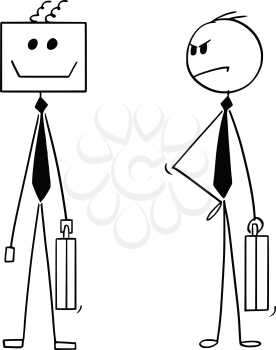 Cartoon stick man drawing conceptual illustration of businessman looking unhappy at his robotic or ai robot colleague coworker or possible replacement. Business concept o artificial intelligence replacing human beings or people.