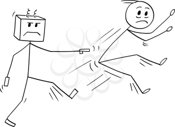 Cartoon stick man drawing conceptual illustration of businessman kicked and fired from job by his robotic or ai robot colleague boss or replacement. Business concept o artificial intelligence replacing human beings or people.