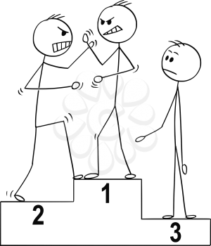 Cartoon stick man drawing conceptual business or sport illustration of three man on winners podium, two of them are fighting or arguing. Concept of success and competition.