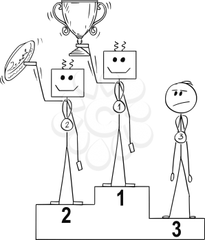 Cartoon stick man drawing conceptual business or sport illustration of winners on podium, human is third, defeated by two robots. Concept of artificial intelligence superiority over mankind.