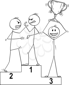 Cartoon stick man drawing conceptual business or sport illustration of three man on winners podium, two of them are fighting or arguing. Third one is celebrating with trophy cup. Concept of success and competition.