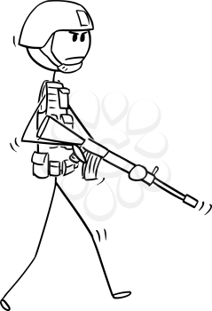 Cartoon stick man drawing conceptual illustration of modern soldier.Concept of war.