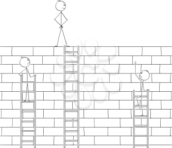 Cartoon stick man drawing conceptual illustration of businessman beating or defeating competitors by overcoming high wall obstacle with long ladder. Business concept of success and competition.