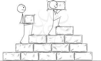 Cartoon stick man drawing conceptual illustration of two businessmen building staircase or stairway or project from big stone blocks. Business concept of cooperation and teamwork.
