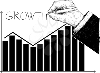 Cartoon conceptual illustration of financial chart or graph or diagram and hand writing word grow. Business concept of profit and success.