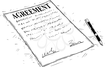 Vector artistic ink drawing illustration of pen and agreement document to sign.