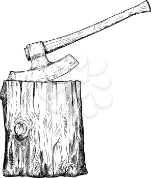 Vector artistic pen and ink drawing illustration of medieval executioner axe or ax and execution block.