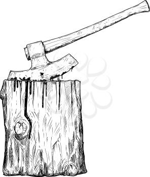 Vector artistic pen and ink drawing illustration of medieval executioner axe or ax and execution block.