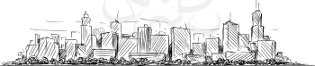 Vector artistic sketchy pen and ink drawing illustration or sketch of generic city high rise cityscape landscape with skyscraper buildings.