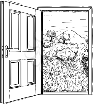Vector artistic pen and ink drawing illustration of closed door to beautiful nature landscape with grass, trees, mountains and sky. Concept of ecology and environmental conservation.