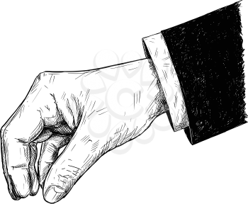 Vector artistic pen and ink drawing illustration of businessman hand in suit holding something small between pinch fingers.