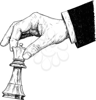 Vector artistic pen and ink drawing illustration of hand holding chess king figure. Business concept of strategy and game.