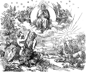 Vintage antique illustration line drawing or engraving of biblical God and angels and Adam and Eve in Garden of Eden after the creation of world.Genesis 1-2.From Biblische Geschichte, Germany 1859.