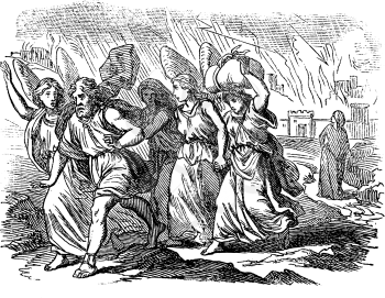 Vintage antique illustration and line drawing or engraving of biblical story about destruction of cities Sodom and Gomorrah. From Biblische Geschichte des alten und neuen Testaments, Germany 1859.Genesis 18-19.