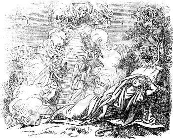 Vintage antique illustration and line drawing or engraving of biblical story about Jacob and Laban.From Biblische Geschichte des alten und neuen Testaments, Germany 1859. Genesis 31.Young man sleeping near passage to heaven.