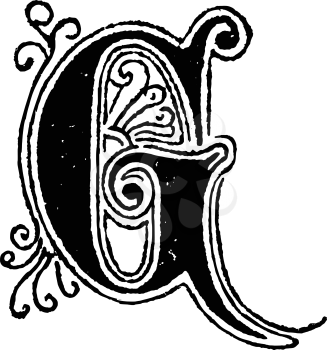 Vintage antique line drawing or engraving of decorative capital letter G with ornament or embellishment around and inside. From Biblische Geschichte des alten und neuen Testaments, Germany 1859.