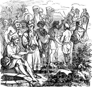 Vintage antique illustration and line drawing or engraving of biblical story about Joseph sold in to slavery by his brothers. From Biblische Geschichte des alten und neuen Testaments, Germany 1859. Genesis 37.
