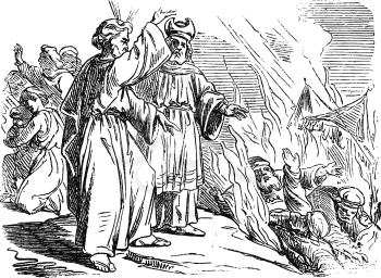 Vintage antique illustration and line drawing or engraving of biblical Israelites and rebellion against Moses and Aaron.From Biblische Geschichte des alten und neuen Testaments, Germany 1859.Numbers 16.